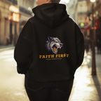 Black hoodie with back wolf logo and 'FAITH FIRST' text, Trust God's Plan