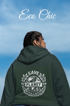 Forest green hooded sweatshirt with SAVE THE PLANET wreath graphic on back