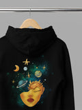 Black hoodie with hood and front pocket, space face graphic on chest