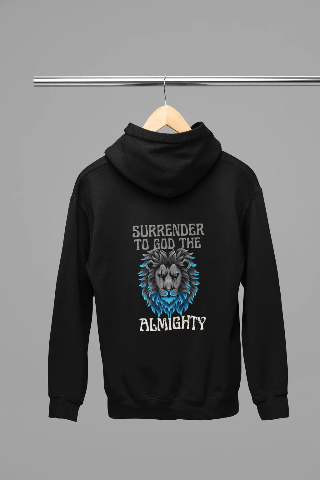 Black unisex hoodie with front lion graphic and 'Surrender to God the Almighty' text