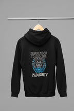 Black unisex hoodie with front lion graphic and 'Surrender to God the Almighty' text