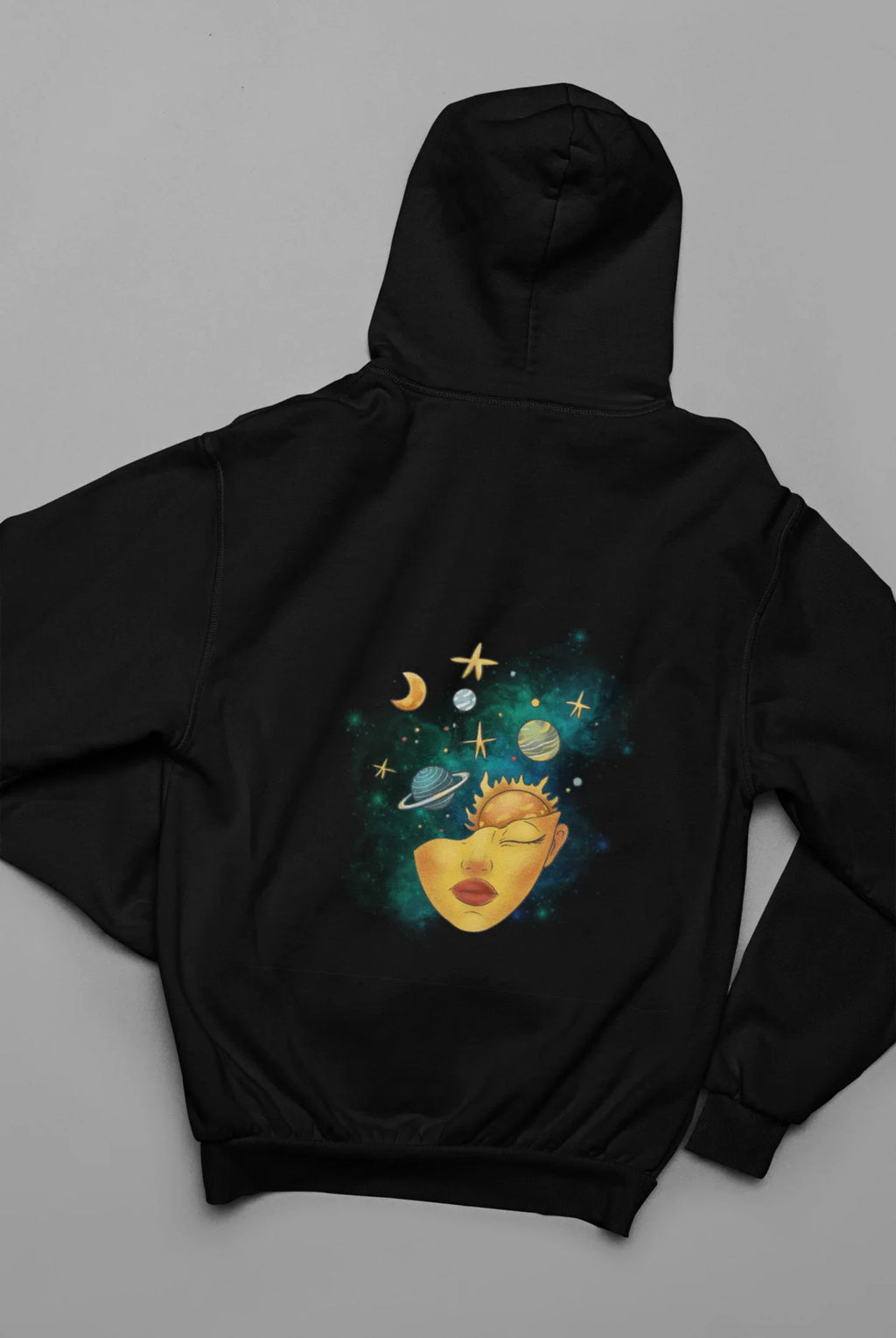 Black hoodie with hood, space face graphic on back panel