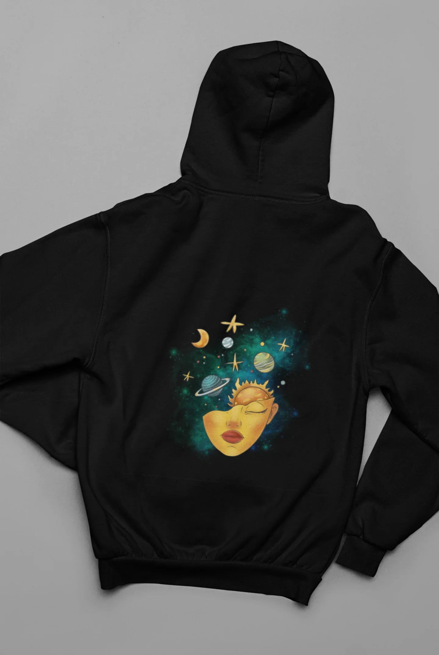 Black hoodie with hood, space face graphic on back panel