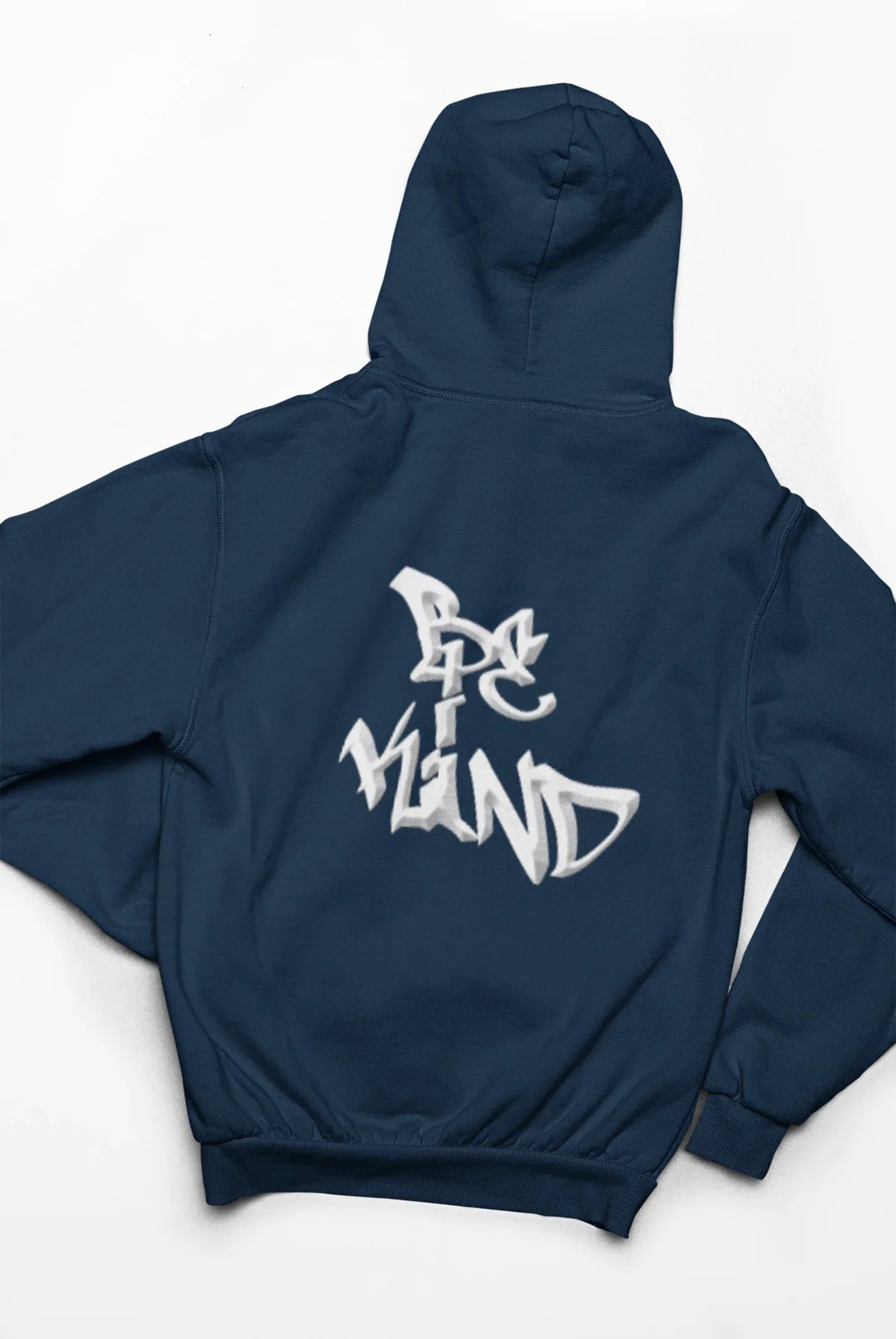 Navy hoodie with large white back graphic and pullover hood