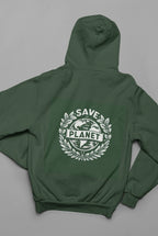 Forest green hooded sweatshirt with SAVE THE PLANET wreath graphic on front
