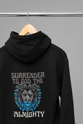 Black unisex hoodie with lion graphic and 'Surrender to God the Almighty' text