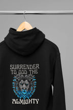 Black unisex hoodie with lion graphic and 'Surrender to God the Almighty' text