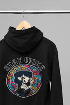 Black hooded sweatshirt with front graphic print and kangaroo pocket