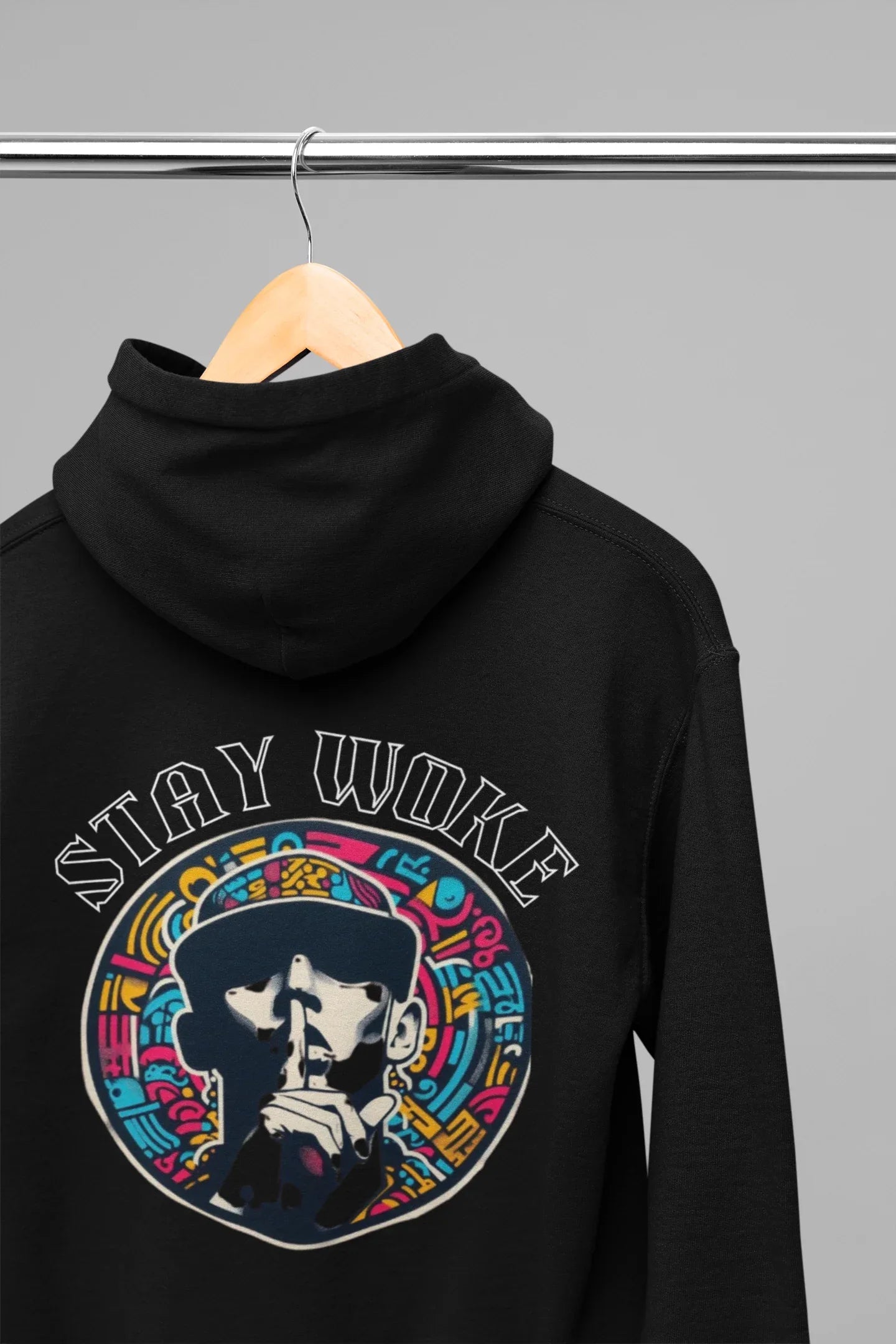 Black hooded sweatshirt with front graphic print and kangaroo pocket