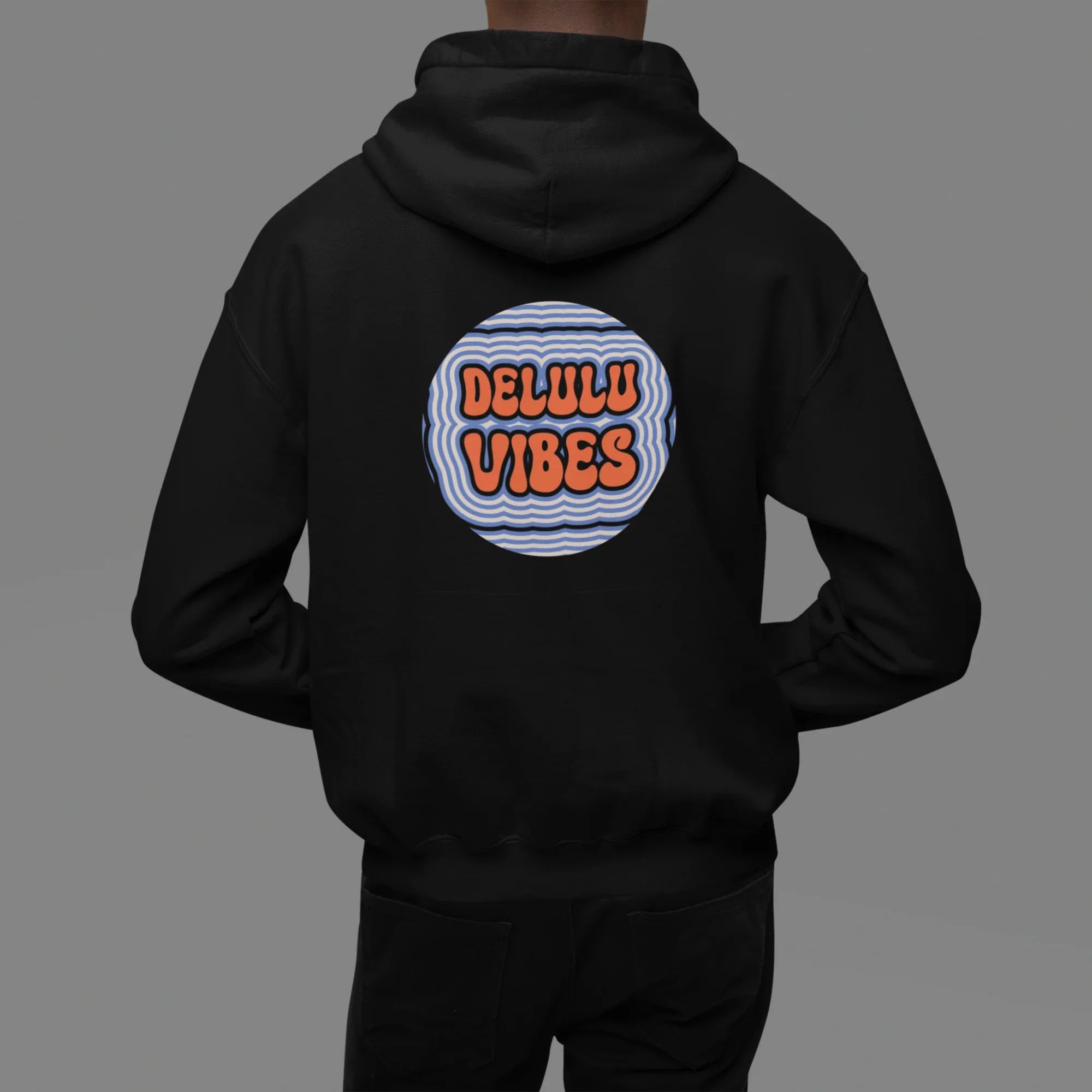 Black hoodie worn with hood down; circular "DELULU VIBES" graphic on back