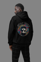 Black hooded sweatshirt with circular back graphic and ribbed cuffs