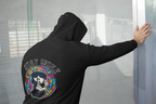 Black hooded sweatshirt with back circular graphic and extended sleeves