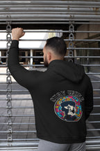 Black hooded sweatshirt with large back logo, long sleeves and hood