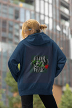 Navy unisex hoodie with hood, front pocket, and Faith over Fear rose back graphic