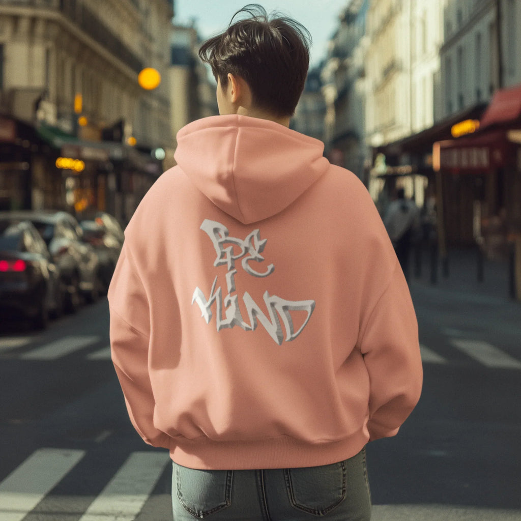 Dusty rose hoodie with large back graphic under hood opening