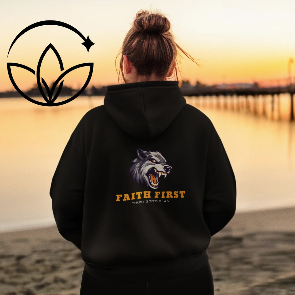 Black hoodie with back wolf logo, 'FAITH FIRST' and Trust God's Plan text