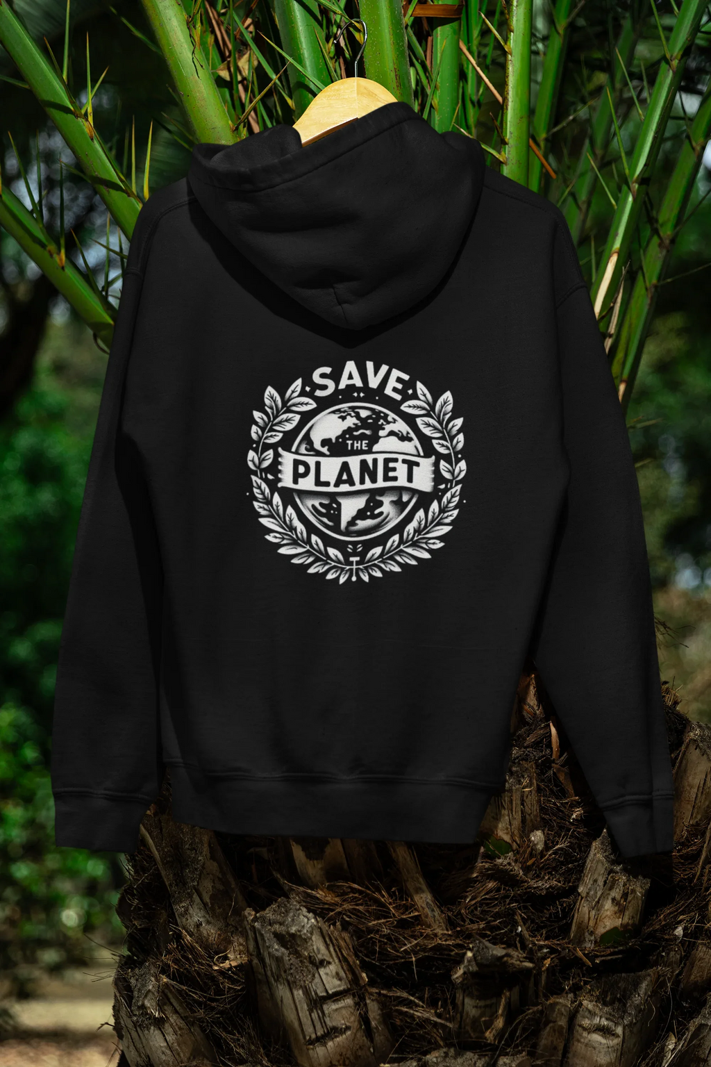 Black hooded sweatshirt with SAVE THE PLANET wreath graphic on back
