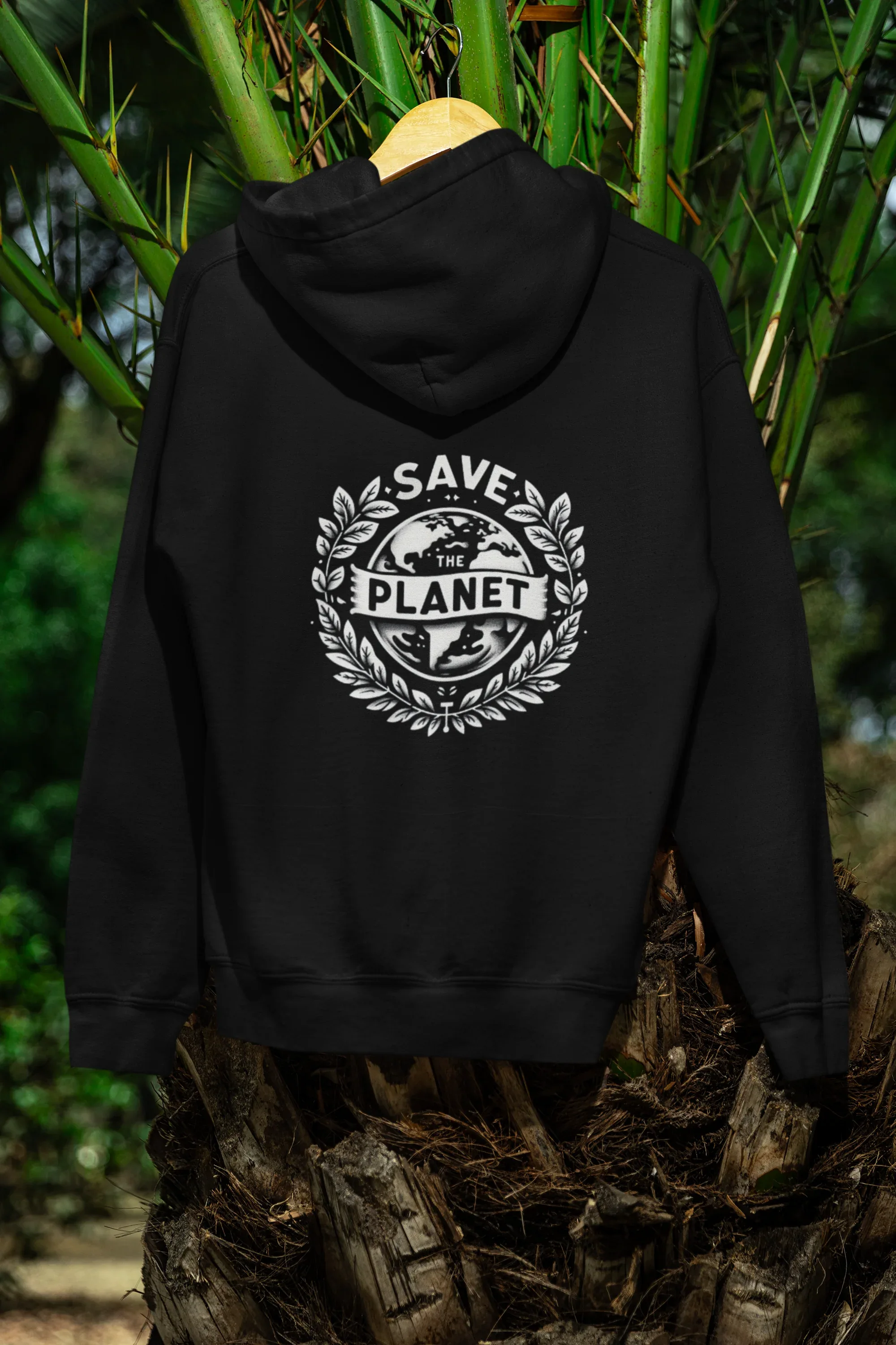 Black hooded sweatshirt with SAVE THE PLANET wreath graphic on back