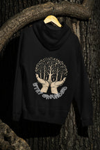 Black hoodie on hanger with front chest tree graphic and hood