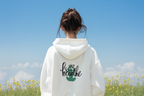 White Just Breathe hoodie with hood and chest graphic on back view
