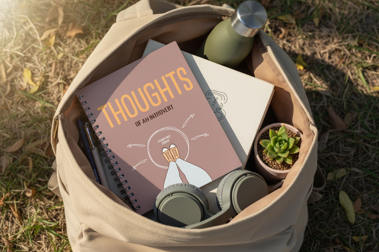 Spiral notebook with 'THOUGHTS' cover inside canvas tote bag with headphones