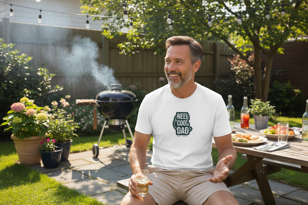 White Cool Dad coffee mug graphic T-shirt with 'Keep Cool Dad' chest print