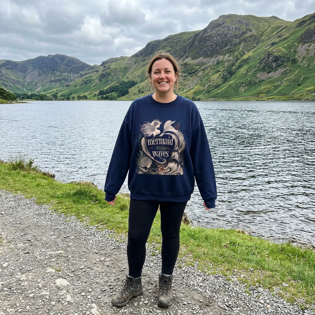 Unisex crewneck sweatshirt in navy with mermaid 'make waves' graphic, worn