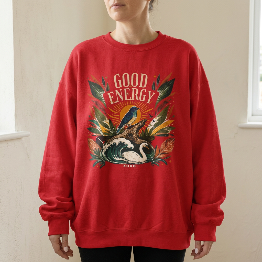Unisex botanical sweatshirt, red with bird and leaf graphic centered on chest.