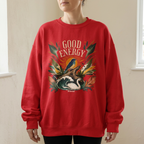 Unisex botanical sweatshirt, red with bird and leaf graphic centered on chest.