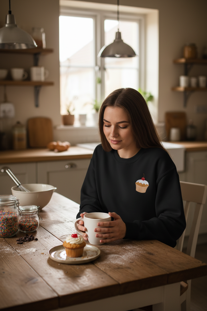 Black crewneck sweatshirt with an embroidered cupcake on the front