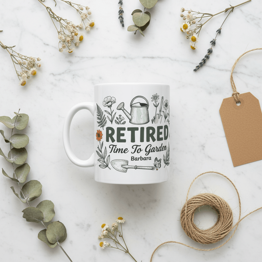 White retired garden mug with 'RETIRED' and floral watering-can design, Barbara