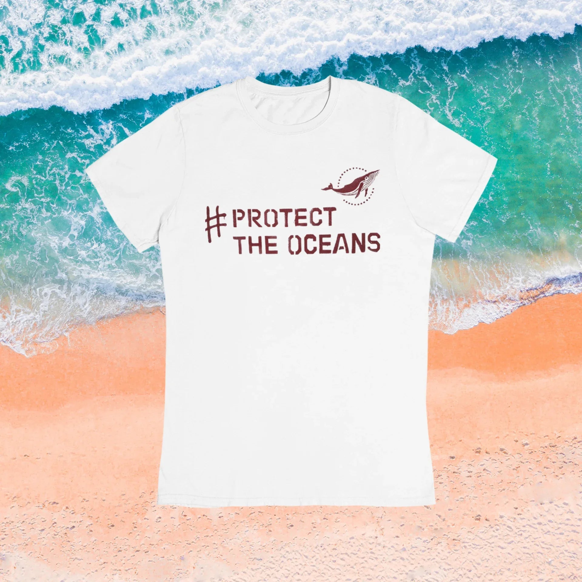 White T-shirt with #PROTECT THE OCEANS text and bird graphic on chest