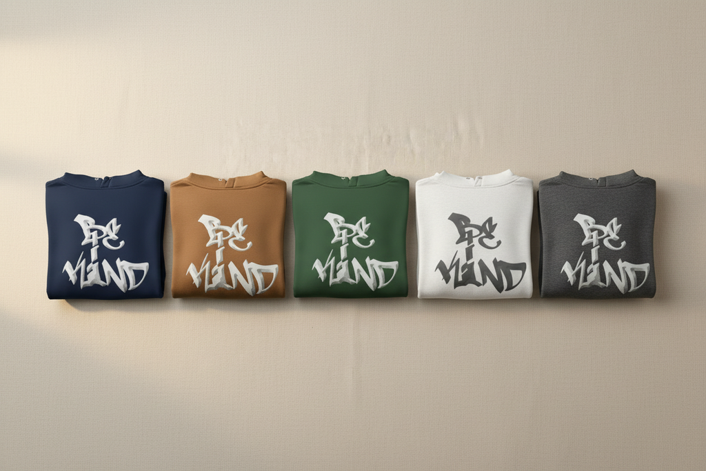 Assorted unisex hoodies: navy, tan, green, white, and dark gray with graphics