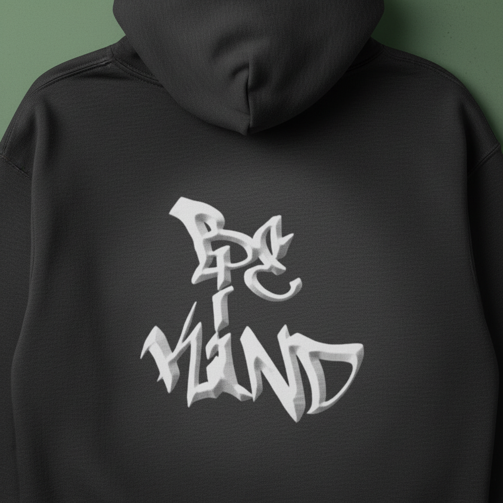 Black unisex hoodie with white graphic on back, hood visible