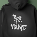 Black unisex hoodie with white graphic on back, hood visible