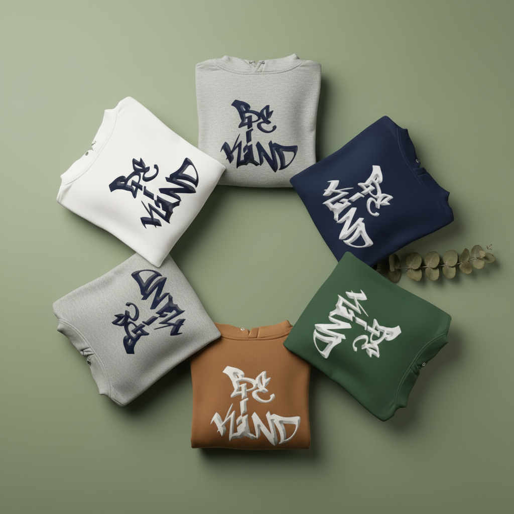Unisex graphic hoodie assortment in white, navy, gray, brown, and green