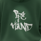 Close-up of moss green unisex hoodie with white front graphic