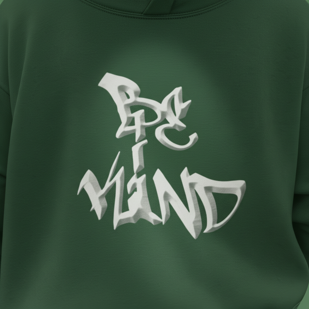 Close-up of moss green unisex hoodie with white front graphic