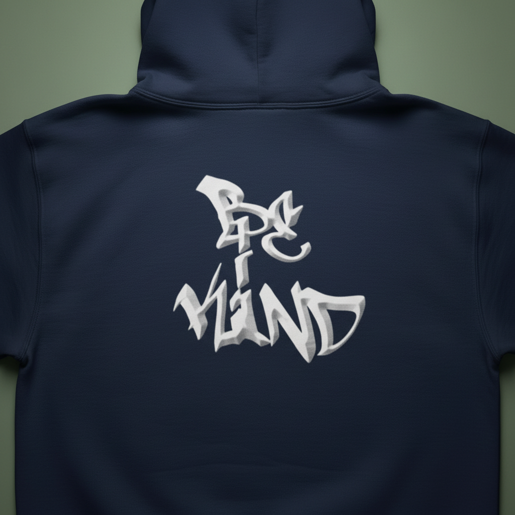 Navy unisex hoodie with white graphic on back