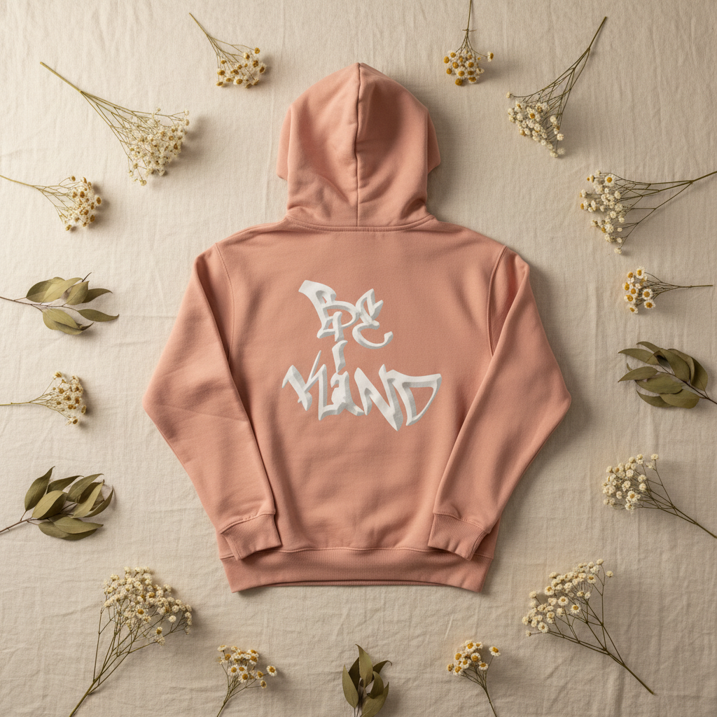 Peach unisex graphic hoodie with front logo print and hood