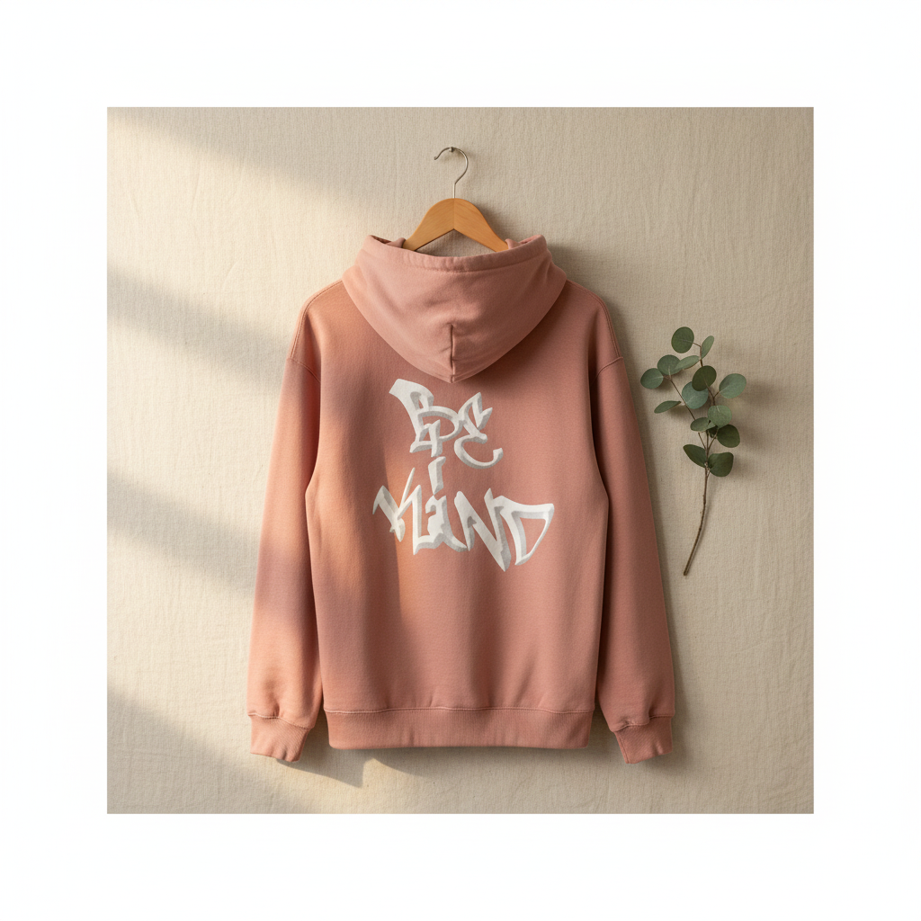 Peach unisex graphic hoodie hanging with back logo print