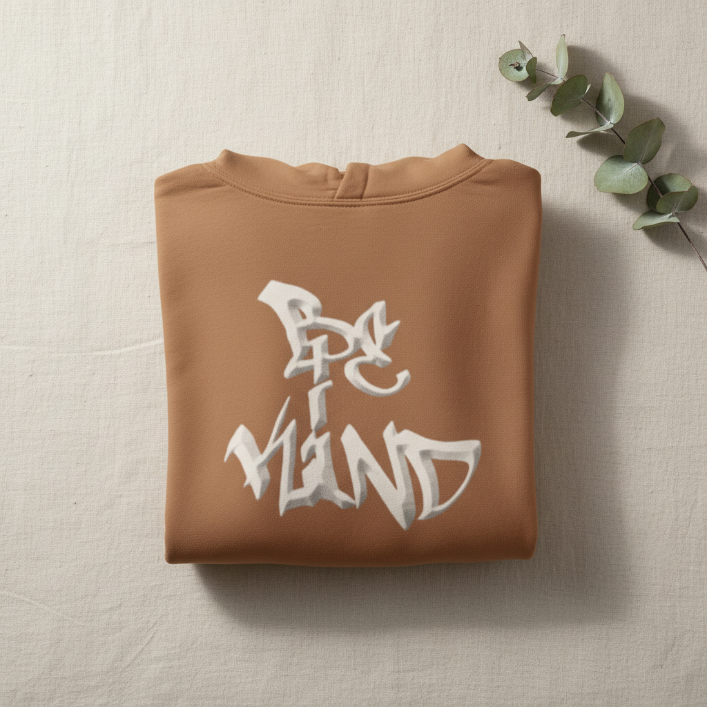 Tan/brown unisex hoodie with white graphic on front