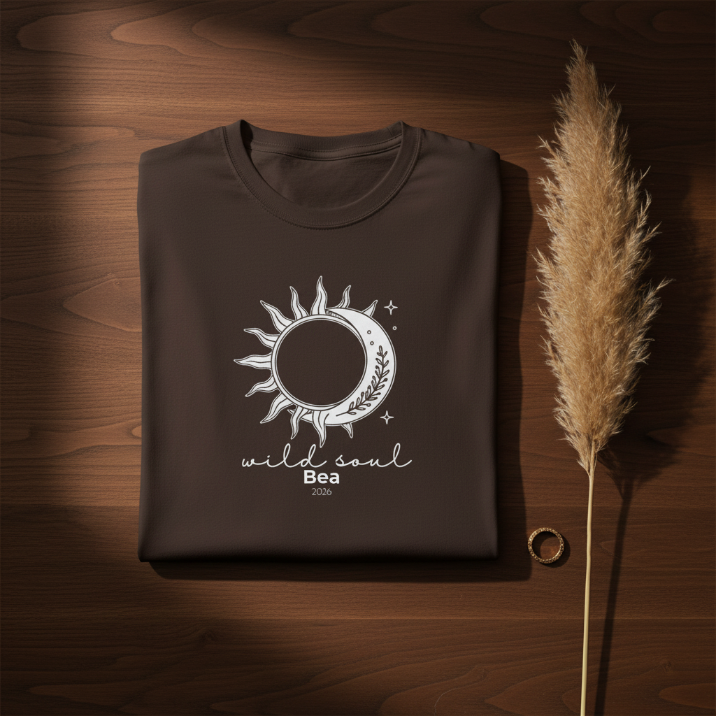 Dark brown graphic T-shirt with sun-and-moon emblem and 'wild soul Bea 2026'