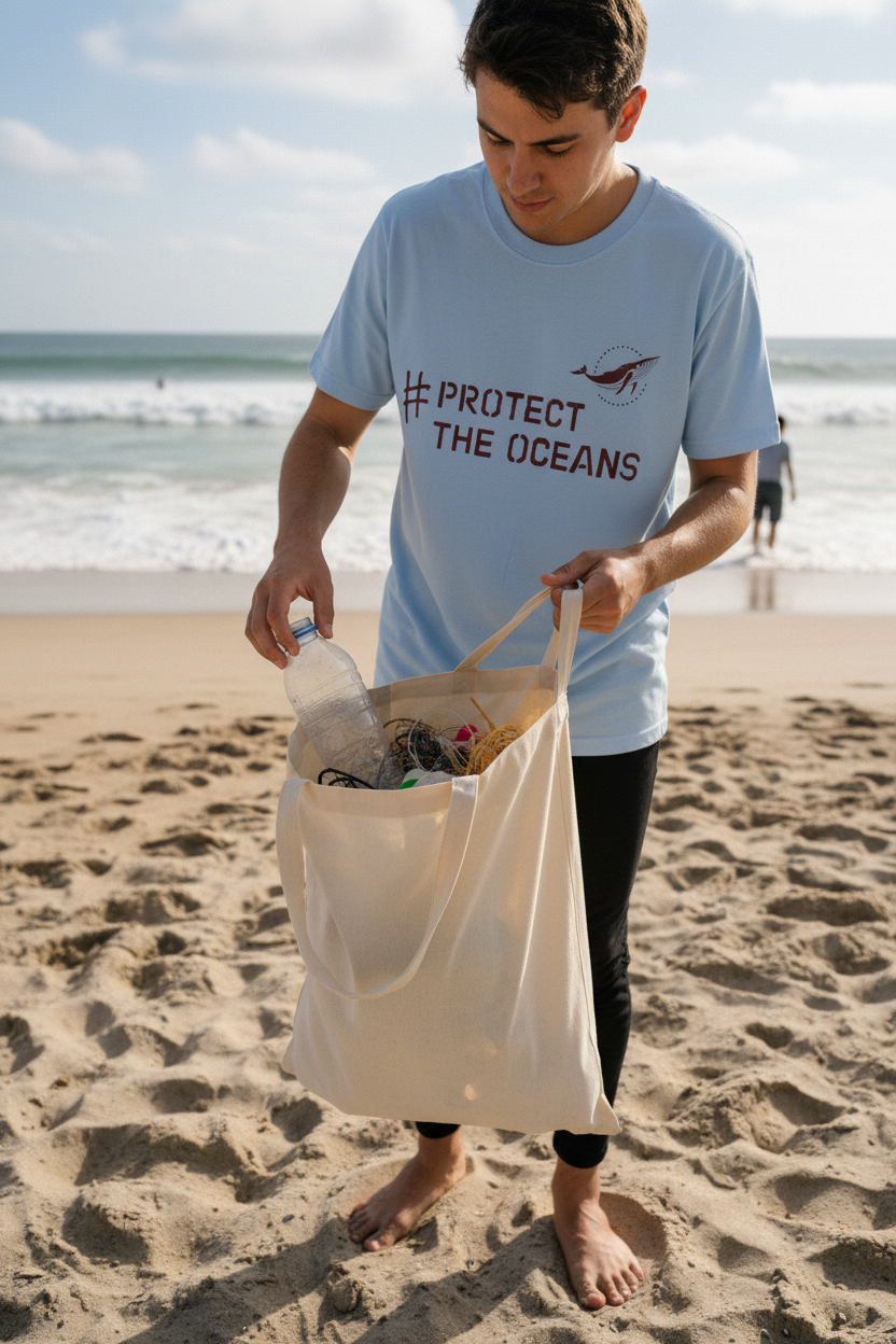 Light blue T-shirt with #PROTECT THE OCEANS graphic worn by a person outdoors