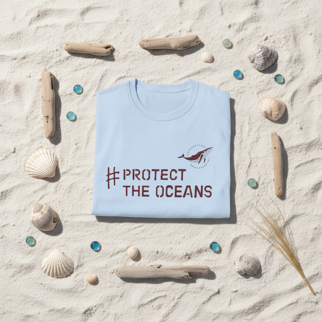Light blue T-shirt, folded, featuring #PROTECT THE OCEANS chest graphic
