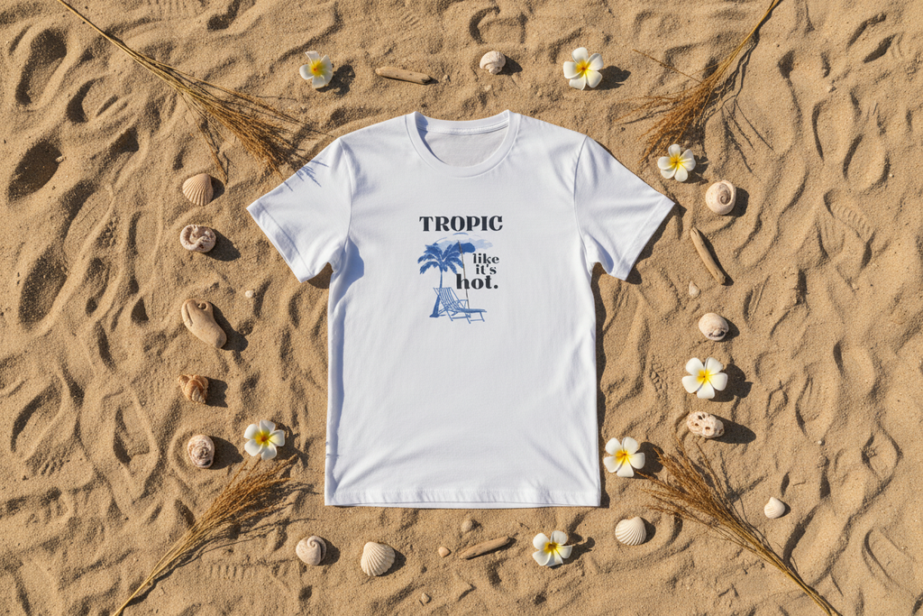 White crew-neck T-shirt with small tropical chair graphic on chest
