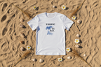 White crew-neck T-shirt with small tropical chair graphic on chest