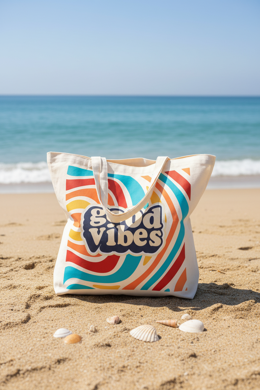 White canvas tote bag with 'good vibes' retro print on a sandy beach