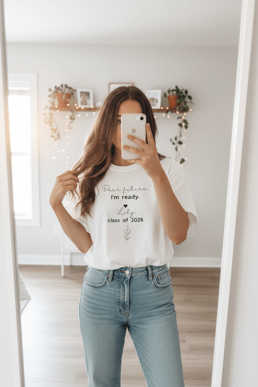 White graduation T-shirt with "Dear future, I'm ready" and "Class of 2026" print