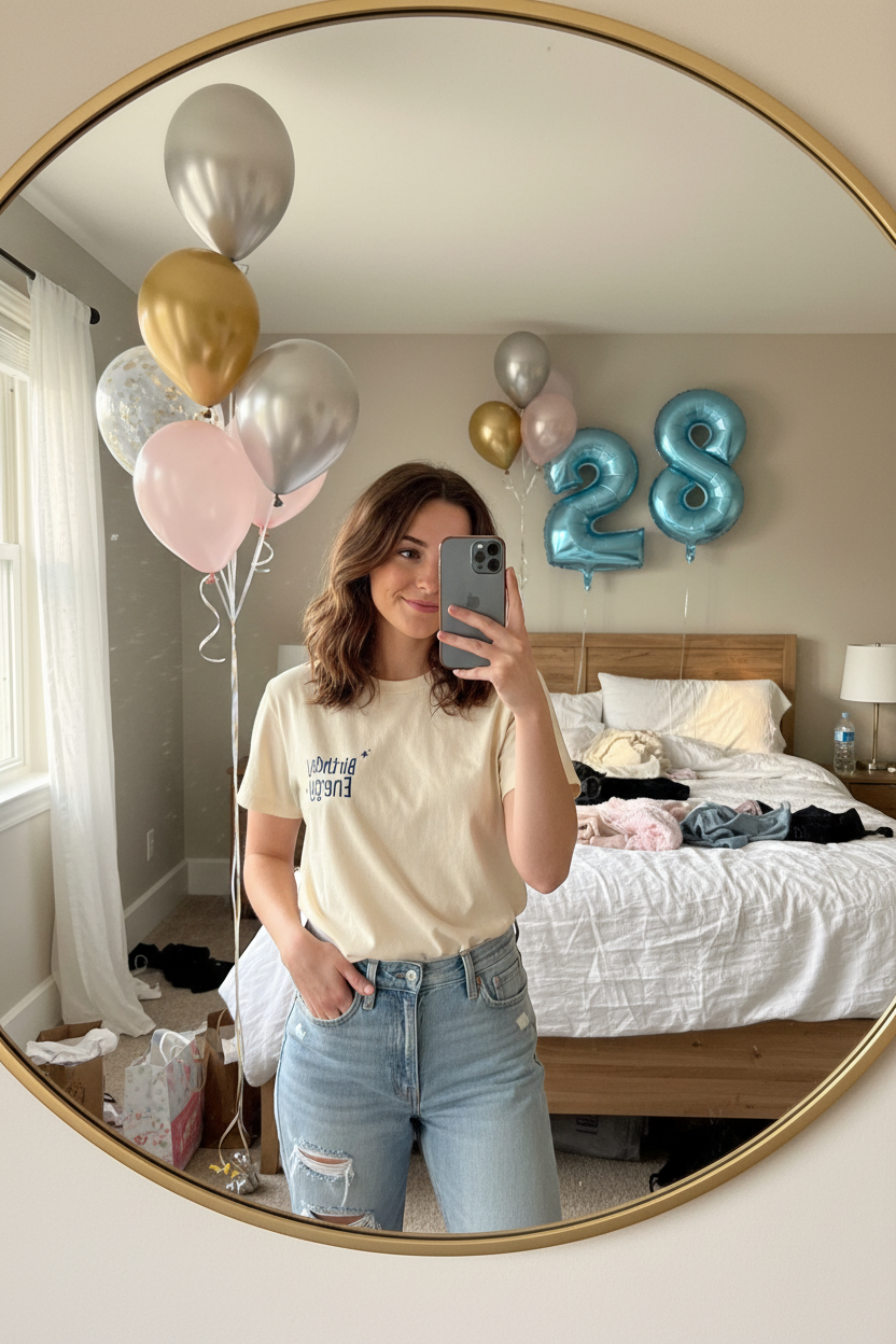 White crew-neck short-sleeve T-shirt with 'Birthday Energy' logo on chest